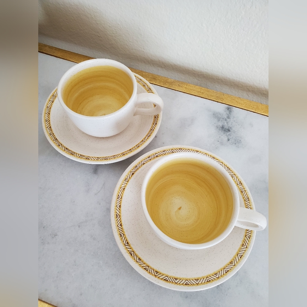 MCM Franciscan Earthenware Mustard Yellow Tea Cups and Saucers